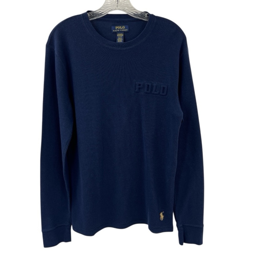 Polo Ralph Lauren Embossed Waffle Long Sleeve Crew Sleep Shirt in navy blue.